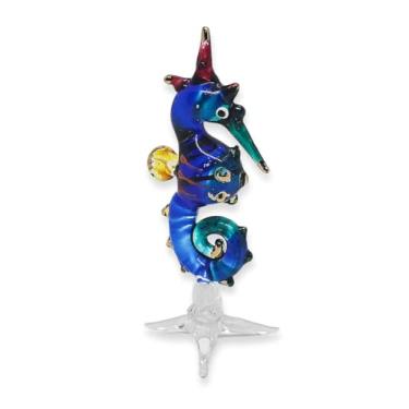 Imagem de Mr_air_thai_Glass_Blown Estatueta de cavalo marinho azul amarelo de 6,5 cm de altura - miniatura de vidro soprado à mão animal multicolorido cavalo marinho colorido vida marinha cristal decorativo estatuetas colecionáveis decoração presentes