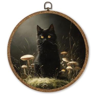 Imagem de WMSYUO Arte de parede redonda Ghost Café, 25 x 25 cm, Dark Academia Cottagecore Halloween, livraria aconchegante e arte de café para decoração de casa ou sala de leitura no outono (gato preto)