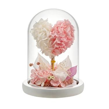 Imagem de Coyoohouse Buquê de rosas preservadas em forma de coração em vidro, rosa real e hortênsia com luzes LED, presentes para aniversário da mãe, Natal, dia do professor (rosa, LED)