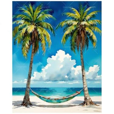 Imagem de Kit de pintura de rede tropical por números para adultos – DIY palmeiras e pintura de praia em tela, conjunto de tinta acrílica, adequado para iniciantes, arte para decoração de casa ou presentes