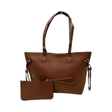 Imagem de Bolsa Sacola Feminina Grande de Ombro e Mão em Couro para Faculdade com Necessaire Inclusa (Caramelo)