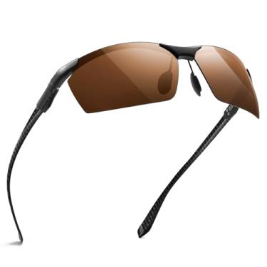 Imagem de SUNGAIT Óculos de sol masculinos de fibra de carbono, esportivo, lentes polarizadas sem aro para dirigir, pescar, correr, presentes, proteção ocular, Preto/marrom (capa marrom)