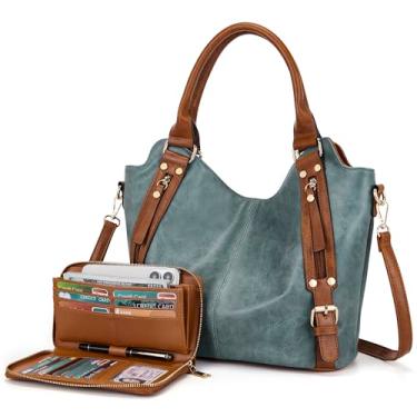 Imagem de Bolsas transversais para mulheres, bolsa Hobo grande, bolsa de ombro de couro PU, conjunto de carteira feminina 2 peças, Z azul marrom, Large, S1139