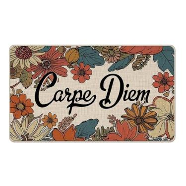 Imagem de Livcoz Tapete de porta da frente vintage floral Carpe Diem, tapete decorativo de flores retrô, tapete de entrada antiderrapante para casa de fazenda, perfil baixo, decoração de cozinha, 43 x 73 cm