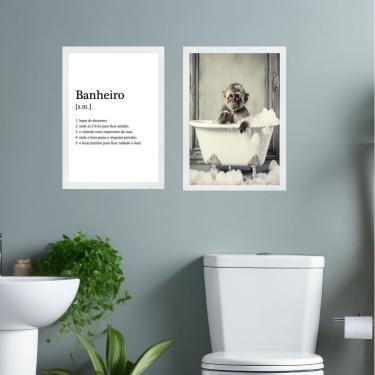 Imagem de Kit 2 Quadros Decorar Banheiro - Macaquinho 33X24Cm - Vidro