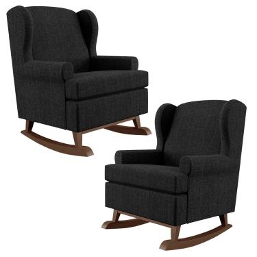 Imagem de Kit 02 Poltronas De Amamentação Com Balanço Malu Base De Madeira P02 Linho Chumbo - Lyam Decor