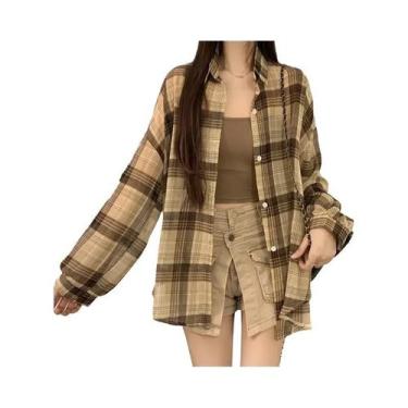 Imagem de Camisa Xadrez Feminina Oversized De Chiffon Transparente Com Mangas Co
