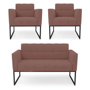 Imagem de Kit 1 Sofá Namoradeira E 2 Poltronas Elisa Veludo Base Metálica Industrial Preto - D'rossi Cor Rose