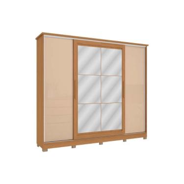 Imagem de Guarda Roupa Casal 4 Portas de Correr e 4 Gavetas c/ Espelho e Pés CB01N565 Canela/Macadamia - Kappesberg