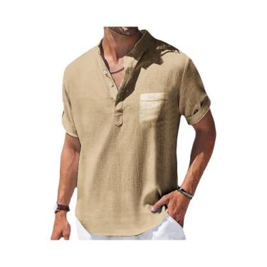 Imagem de Camisa Masculina de Linho Casual - Manga Curta, Gola Alta e Bolso, BR-