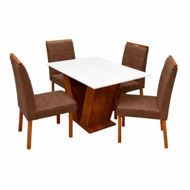 Imagem de Mesa de Jantar Classic 120x80cm com Vidro e 4 Cadeiras Giulia em Veludo Estofadas Cel Móveis Cor Cinamomo Off White com Tecido Marrom