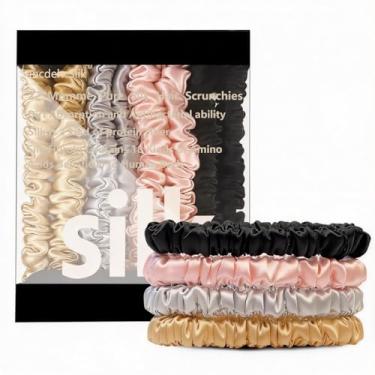 Imagem de Suncdelv Silk Scrunchies para cabelo, 22 Momme laços de cabelo de seda anti-vincos e quebras para mulheres, 4 peças (preto, rosa, cinza, dourado)