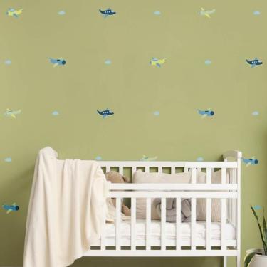 Imagem de Adesivo de Parede Infantil Avioes e Nuvens Azul e Verde - Qdrop