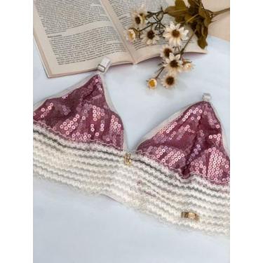 Imagem de Top de Lantejola Sem Bojo - Estilosa, Branco com rosa, G