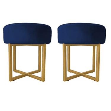 Imagem de 02 Puff Decorativo Madrid Luxo Dourado Assento Suede Azul Marinho - Folk Móveis