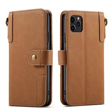 Imagem de GSYH Capa carteira para iPhone 13/13 Pro/13 Pro Max, capa de couro legítimo com compartimentos para cartão, fecho magnético TPU à prova de choque com alça de pulso com suporte, marrom, 13 Pro 15,1 cm