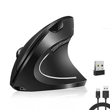 Imagem de Vassink Mouse sem fio ergonômico mouse óptico vertical recarregável com receptor USB, 6 botões 2,4 GHz DPI ajustável 800/1200/1600 para computador, laptop, etc. (preto)
