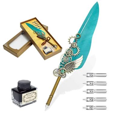 Imagem de HIOD Caneta tinteiro 5 pontas de pena de ganso natural mergulhada em água caligrafia asta mecânica conjunto de canetas vintage penas, azul claro