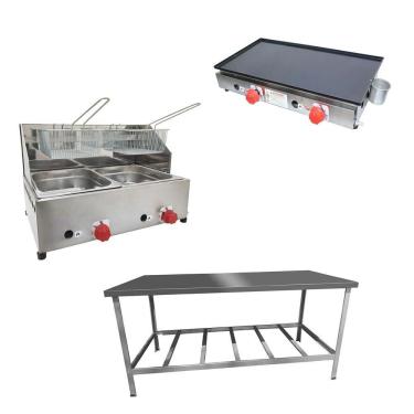 Imagem de Kit Lanchonete Mesa de Manipulação 190x70cm + Fritadeira a Gás 2 Cuba + Chapa a Gás 60cm Alcamar