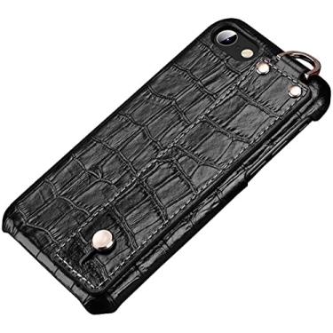 Imagem de KKFAUS para Apple iPhone SE 2022 (3ª geração) capa de 4,7 polegadas, padrão crocodilo couro meio pacote capa traseira de telefone à prova de choque com suporte de telefone de pulseira (cor: preto)