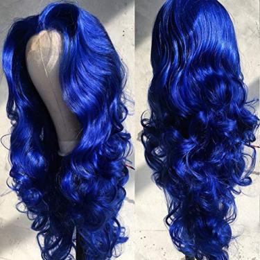Imagem de FSLWIGS Peruca azul com tela frontal, peruca ondulada, cabelo sintético, aparência natural para mulheres