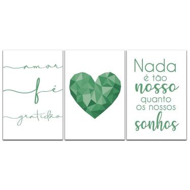 Imagem de Kit Placas Quadros Decorativos 3 pçs 20x30 Coração Verde