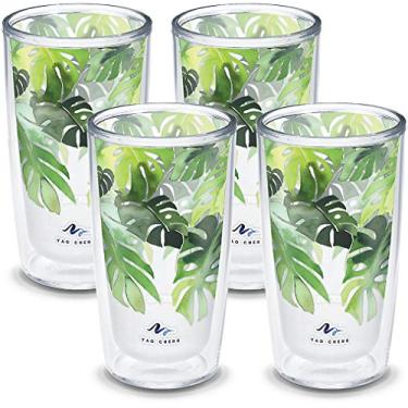Imagem de Tervis Copo de viagem Yao Cheng Green Crystal Made in USA Copo de Viagem Isolado com Parede Dupla Mantém Bebidas Frias e Quentes, 473 ml, Pacote com 4, Philodendron