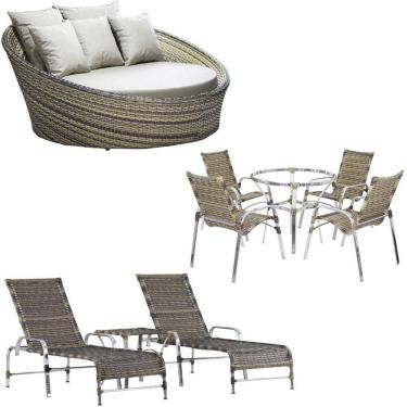 Imagem de Kit 4 Cadeiras E Mesa 2 Espreguiçadeiras 1 Chaise Alumínio Trama
