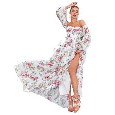 Imagem de Camisa Feminina Floral Print Off Shoulder Lantern Sleeve Split Thigh Dress (Color : White, Size : XL)