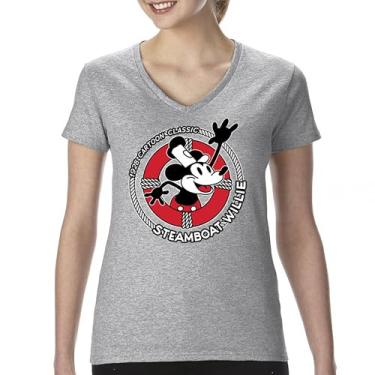 Imagem de Camiseta feminina Steamboat Willie Life Preserver gola V engraçada clássica desenho animado praia Vibe Mouse in a Lifebuoy Silly Retro Tee, Cinza, M