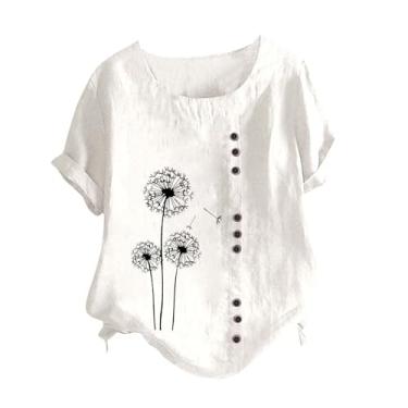 Imagem de Camisetas femininas de linho de verão com estampa de dente-de-leão, gola redonda, botões, manga curta, túnica folgada, Branco, G