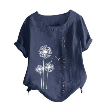 Imagem de Camisetas femininas de linho de verão com estampa de dente-de-leão, gola redonda, botões, manga curta, túnica folgada, Azul marino, XXG