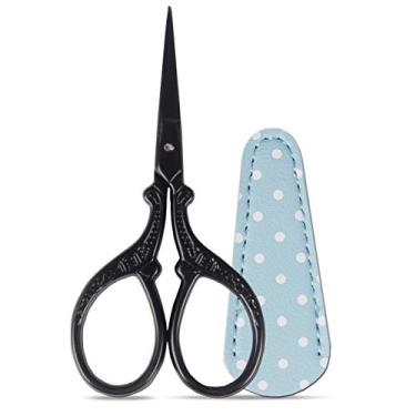 Imagem de Hisuper Tesoura pequena de 9 cm, bordada, costura, crochê, ponto cruz, tesoura de tricô afiada com capa de tesoura de couro para bordado, ferramenta manual de artesanato de costura