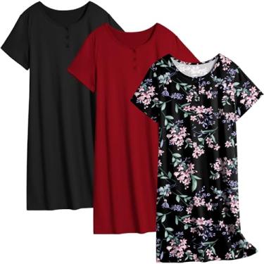 Imagem de Ekouaer Pacote com 3 camisas de dormir femininas de manga curta, camisa de dormir lisa/estampada, vestido de dormir com botões, Gp10 = preto + vinho + flor, G