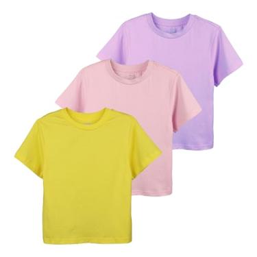 Imagem de Little Bitty Conjunto de 3 camisetas femininas de verão, camisetas estampadas de gola redonda para meninas, tamanho casual 2-7 anos, Amarelo/Roxo/Rosa, Large