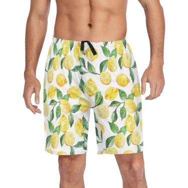 Imagem de CHIFIGNO Shorts de pijama para homens, calças de pijama lounge, calças leves de pijama com bolsos e cordão, Limões amarelos e folhas verdes, G