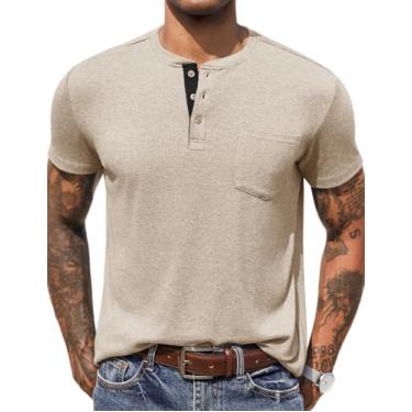 Imagem de COOFANDY Camiseta masculina casual Henley de manga curta básica de verão com bolso e botão, Café, M