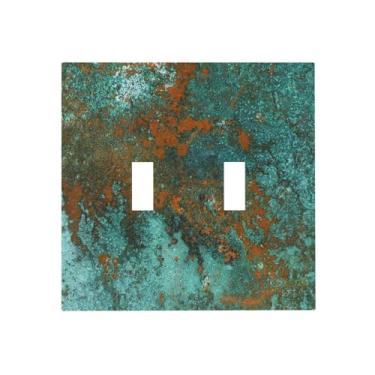 Imagem de Capa de interruptor de luz com interruptor duplo musgo verde descascamento 2 gangues turquesa rústica decorativa placa de parede elétrica para banheiro casa sala de estar quarto