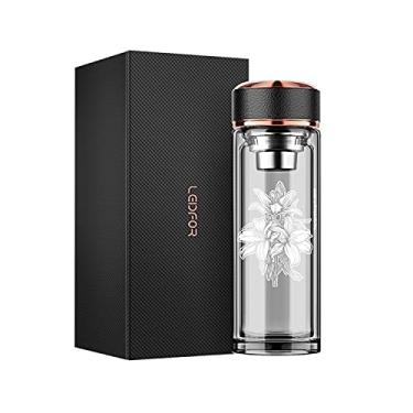 Imagem de LEIDFOR Garrafa de infusor de chá - Caneca de chá de viagem de vidro de parede dupla livre de BPA com filtro de aço inoxidável - Copo de chá à prova de vazamento com filtro para chá de folhas soltas e água de frutas 482 g Lírio