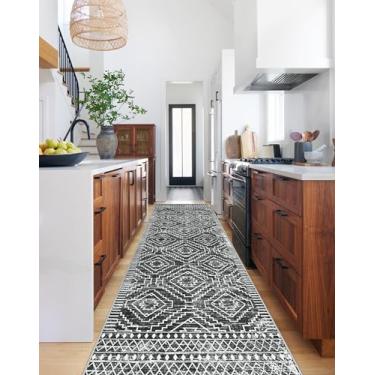 Imagem de Tapete de corredor marroquino Wonnitar de 3 m, lavável na máquina, tapetes longos de 6 cm x 25 cm para cozinha, boho antiderrapante macio para entrada no hall de entrada (cinza escuro, 60 cm x 25 cm)