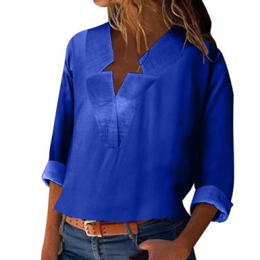 Imagem de Camiseta feminina, manga comprida, de linho, caimento solto, gola V, cor sólida, casual, túnica, verão, para sair, Azul, M