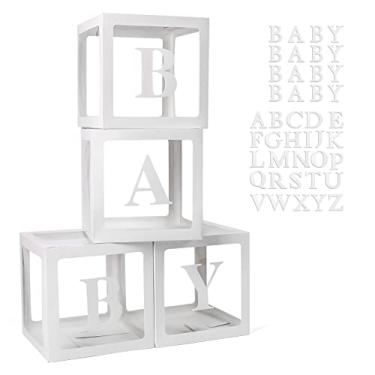 Imagem de Voircoloria Caixas de bebê com 42 peças de letras para chá de bebê, caixas de balões transparentes, blocos transparentes para meninos e meninas, festa de revelação de gênero e festa de aniversário