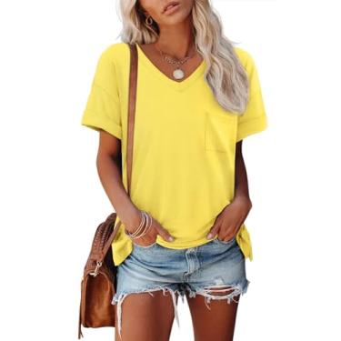 Imagem de ATHMILE Camisetas femininas 2024 manga curta gola V bonito ajuste verão camiseta casual tops P-XGG, Amarelo limão, GG