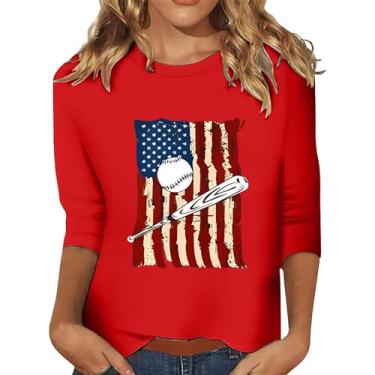 Imagem de 4th of July Camisetas femininas 4th of July Shirts Star Stripes 3/4 manga bandeira americana blusas soltas casuais, Vermelho #3, G