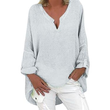 Imagem de Camisas femininas de linho de algodão 2024 Henley gola longa blusas elegantes modernas blusas de verão soltas confortáveis túnica tops, Cinza, 5XG