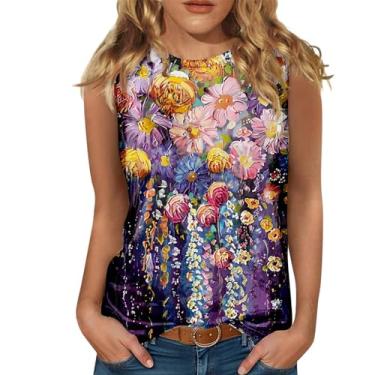 Imagem de Regatas frente única para mulheres, gola alta, sem mangas, estampa floral, camisetas casuais de verão 2024 Boho Dressy Vest, rosa, P