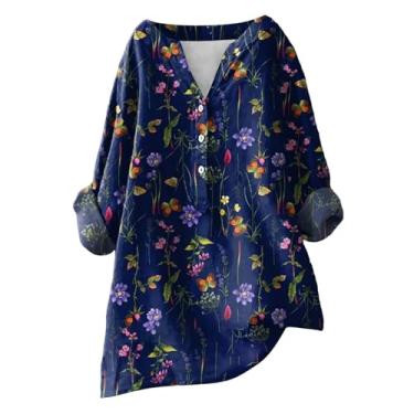 Imagem de Camiseta de verão feminina de linho com estampa floral, manga comprida, gola V, botão, blusa de férias, Roxa, G