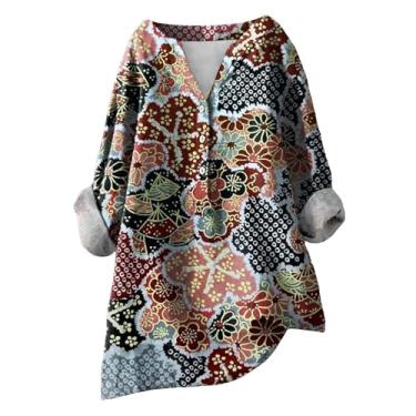Imagem de Camisetas femininas de linho com estampa floral vintage de verão 2024, casual, gola V, blusas elegantes de manga comprida e caimento solto, Cinza, 5G
