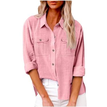 Imagem de Camisetas de algodão e linho para mulheres, casual, manga comprida, cor sólida com bolso, lapela e botão, Vermelho, GG