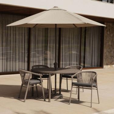 Imagem de Conjunto Jardim 1 Mesa Ø130cm 4 Cadeiras com Braços 1 Ombrelone Refúgio Cabecasa Madeiramadeira Champanhe/Cinza Mesclado